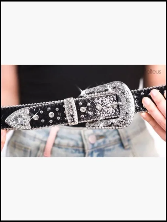 Sparkly Rhinestone Diamond Sequin Studded Belt Faux Leather Western - Picture 7 of 7